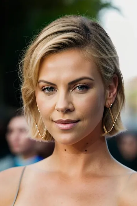Realistic photo of a beautiful ch4rl1z3t-v21 woman,  1girl, solo, looking at viewer, smile, short hair, blue eyes, blonde hair, bare shoulders, jewelry, earrings, lips, realistic, soft lighting, professional Photography, Photorealistic, detailed, RAW, analog, sharp focus, 8k, HD, DSLR, high quality, Fujifilm XT3, film grain, award winning, masterpiece<lora:ch4rl1z3t-v2:1.0>