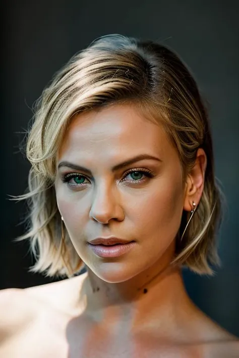 Realistic photo of a beautiful ch4rl1z3t-v21 woman,  1girl, solo, looking at viewer, short hair, blonde hair, simple background, jewelry, green eyes, upper body, earrings, parted lips, teeth, grey background, hair over one eye, lips, ring, portrait, realistic, soft lighting, professional Photography, Photorealistic, detailed, RAW, analog, sharp focus, 8k, HD, DSLR, high quality, Fujifilm XT3, film grain, award winning, masterpiece<lora:ch4rl1z3t-v2:1.0>