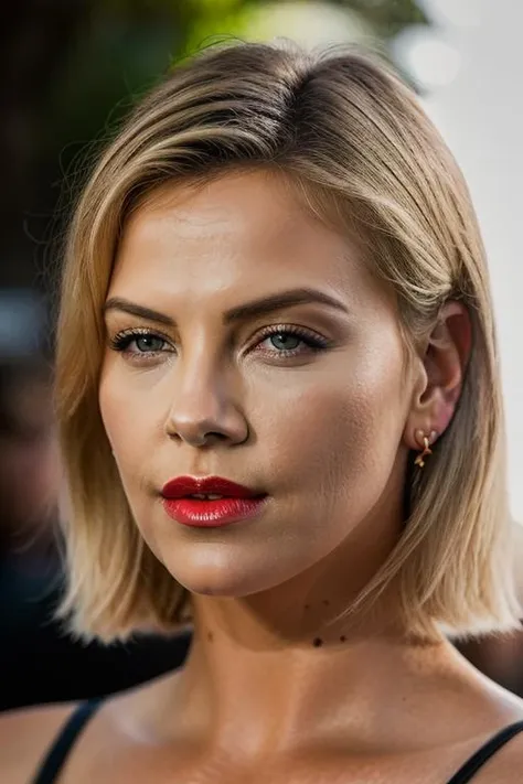 Realistic photo of a beautiful ch4rl1z3t-v21 woman,  1girl, solo, long hair, looking at viewer, blue eyes, blonde hair, jewelry, earrings, lips, makeup, lipstick, portrait, realistic, soft lighting, professional Photography, Photorealistic, detailed, RAW, analog, sharp focus, 8k, HD, DSLR, high quality, Fujifilm XT3, film grain, award winning, masterpiece<lora:ch4rl1z3t-v2:1.0>