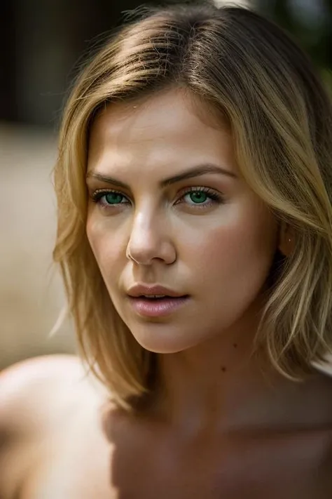 Realistic photo of a beautiful ch4rl1z3t-v21 woman,  1girl, solo, long hair, looking at viewer, blonde hair, bare shoulders, green eyes, lips, portrait, close-up, realistic, soft lighting, professional Photography, Photorealistic, detailed, RAW, analog, sharp focus, 8k, HD, DSLR, high quality, Fujifilm XT3, film grain, award winning, masterpiece<lora:ch4rl1z3t-v2:1.0>