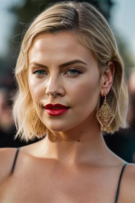 Realistic photo of a beautiful ch4rl1z3t-v21 woman, 1girl, solo, long hair, looking at viewer, blue eyes, blonde hair, jewelry, earrings, lips, makeup, lipstick, portrait, realistic, soft lighting, professional Photography, Photorealistic, detailed, RAW, analog, sharp focus, 8k, HD, DSLR, high quality, Fujifilm XT3, film grain, award winning, masterpiece<lora:ch4rl1z3t-v2:1.0>