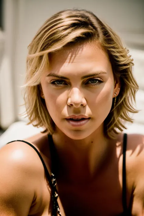 Realistic photo of a beautiful ch4rl1z3t-v21 woman, 1girl, solo, breasts, short hair, blonde hair, dress, bare shoulders, jewelry, lips, hand on hip, strapless, red dress, ring, pink dress, strapless dress, realistic, wedding ring, soft lighting, professional Photography, Photorealistic, detailed, RAW, analog, sharp focus, 8k, HD, DSLR, high quality, Fujifilm XT3, film grain, award winning, masterpiece<lora:ch4rl1z3t-v2:1.0><lora:ch4rl1z3t-v2:1.0><lora:ch4rl1z3t-v2:1.0><lora:ch4rl1z3t-v2:1.0>