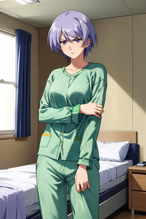 <lora:wrench_chaos_head_ayase-01:1> ch_ays, short hair, blue hair, purple eyes, ((green sweater)), ((green pajama pants))
masterpiece, best quality, absurdres, hospital room, solo, 1girl, annoyed expression,