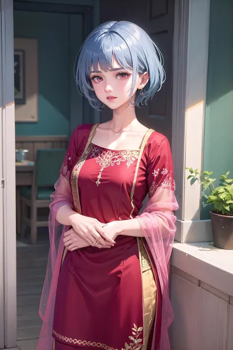 1girl, 
<lora:wrench_chaos_head_ayase-01:1>, ch_ays.short hair, (blue hair:1.1),( red eyes:1.1),<lora:wrenchpjbss:0.7> wearing wrenchpjbss, dupatta, embroidery,red dress,