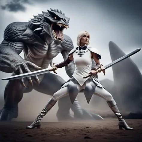 cinematic photo a full body woman sword fighting a giant monster, silver eyes, <lora:Claymore1024:0.8> . 35mm photograph, film, bokeh, professional, 4k, highly detailed