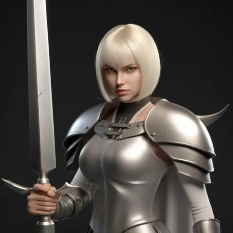 professional 3d model a full body blond woman, bobcut, sword fighting a monster, silver eyes, <lora:Claymore1024:0.8> . octane render, highly detailed, volumetric, dramatic lighting