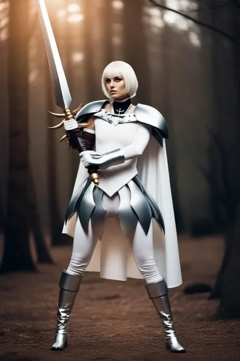 cinematic photo a full body woman dressed in white with a big sword and shoulder pad and a cape, silver eyes <lora:Claymore1024:0.8> . 35mm photograph, film, bokeh, professional, 4k, highly detailed