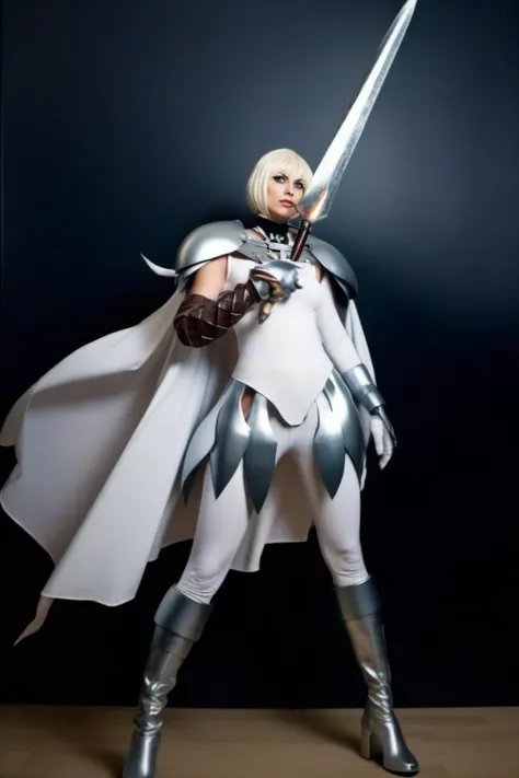 a full body woman dressed in white with a big sword and shoulder pad and a cape, silver eyes, fighting a monster<lora:Claymore1024:0.8>