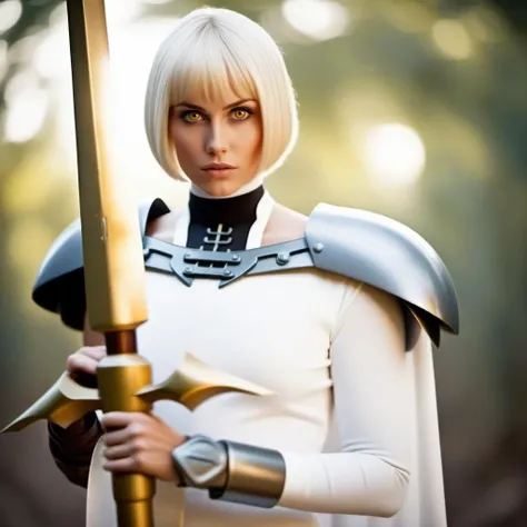 cinematic film still a full body blond woman dressed in white, bobcut, huge sword, (((yellow eyes))), <lora:Claymore1024:0.8> . shallow depth of field, vignette, highly detailed, high budget, bokeh, cinemascope, moody, epic, gorgeous, film grain, grainy