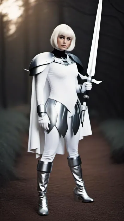 cinematic photo a full body woman dressed in white with a big sword and shoulder pad and a cape, silver eyes <lora:Claymore1024:0.8> . 35mm photograph, film, bokeh, professional, 4k, highly detailed