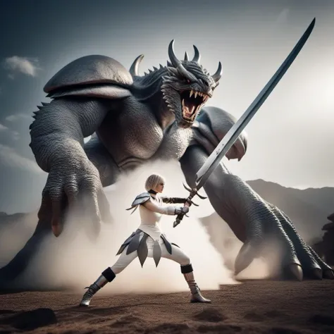 cinematic photo a full body woman sword fighting a giant monster, silver eyes, <lora:Claymore1024:0.8> . 35mm photograph, film, bokeh, professional, 4k, highly detailed