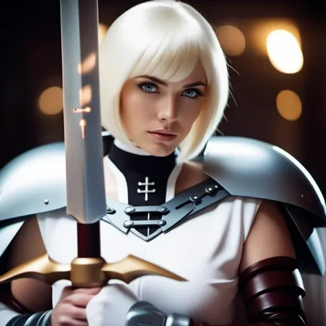 cinematic photo a woman dressed in white with a big sword and shoulder pad and a cape, silver eyes <lora:Claymore1024:0.8> . 35mm photograph, film, bokeh, professional, 4k, highly detailed
