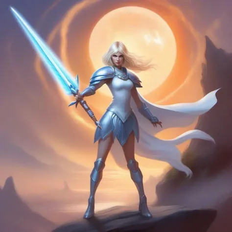ethereal fantasy concept art of  a full body blond woman, bobcut, sword fighting a monster, silver eyes, <lora:Claymore1024:0.8> . magnificent, celestial, ethereal, painterly, epic, majestic, magical, fantasy art, cover art, dreamy