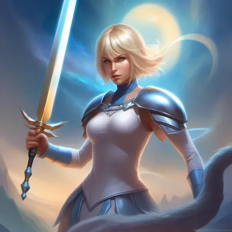 ethereal fantasy concept art of a full body blond woman, bobcut, sword fighting a monster, silver eyes, <lora:Claymore1024:0.8> . magnificent, celestial, ethereal, painterly, epic, majestic, magical, fantasy art, cover art, dreamy