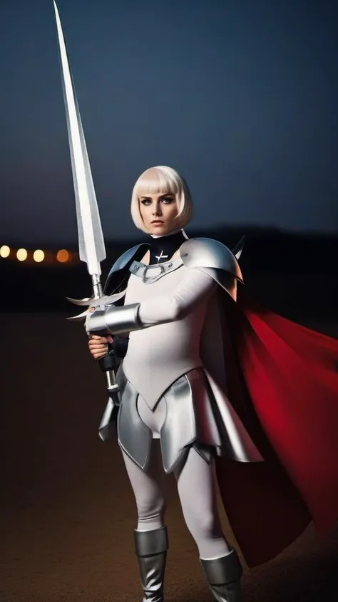 cinematic photo a full body woman dressed in white with a big sword and shoulder pad and a cape, silver eyes <lora:Claymore1024:0.8> . 35mm photograph, film, bokeh, professional, 4k, highly detailed