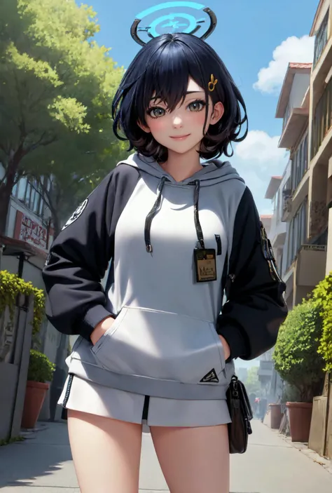 (masterpiece:1.3), (absurdres:1.3), (best quality:1.3), (ultra-detailed:1.3), 1girl, solo, upper body, dynamic pose, looking at viewer, smile, outdoors, <lora:Chihiro-000008:1>, chihiroid, halo, black hoddie, hand in pocket, hood,