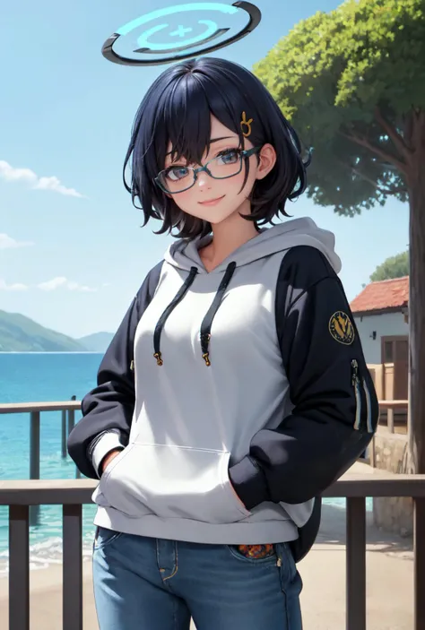 (masterpiece:1.3), (absurdres:1.3), (best quality:1.3), (ultra-detailed:1.3), 1girl, solo, upper body, dynamic pose, looking at viewer, smile, outdoors, <lora:Chihiro-000008:0.8>, chihiroid, halo, glasses, black hoddie, hand in pocket, hood, jeans,