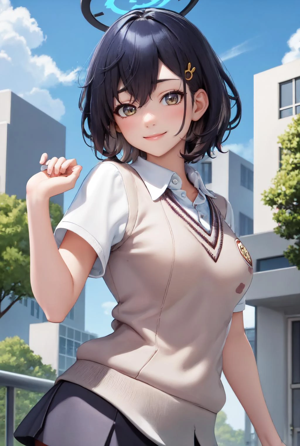 (masterpiece:1.3), (absurdres:1.3), (best quality:1.3), (ultra-detailed:1.3), 1girl, solo, upper body, dynamic pose, looking at viewer, smile, outdoors, <lora:Chihiro-000006:1>, chihiroid, halo, tokiwadai school uniform, <lora:tokiwadai_school_uniform:1>