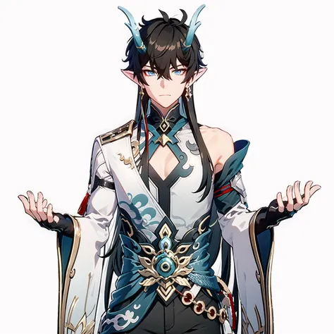 masterpiece, best quality, best light, best shadow, highly detailed,ultra detailed,YINYUE, male, solo, yinyue horns, clothes, 2d, face, sleeves, looking at viewer, belt, from front position, hands up<lora:YINYUEv3:1>
