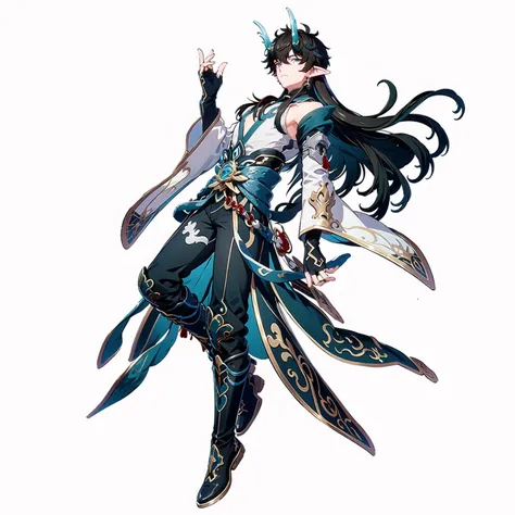 masterpiece, best quality, best light, best shadow, highly detailed,ultra detailed,YINYUE, male, solo, yinyue horns, clothes, face, sleeves, 2d, looking at viewer, belt, from front position, pants, hands up, boots, standing on one leg, <lora:YINYUEv3:1>