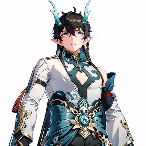masterpiece, best quality, best light, best shadow, highly detailed,ultra detailed,YINYUE, male, solo, yinyue horns, clothes, face, 2d, sleeves, belt, looking down, from front position, sidelighting, from below, hands up<lora:YINYUEv3:1>