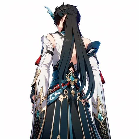 masterpiece, best quality, best light, best shadow, highly detailed,ultra detailed,YINYUE, male, solo, yinyue horns, clothes, sleeves, 2d, belt, from behind, sidelighting, from below, hands up, standing<lora:YINYUEv3:1>