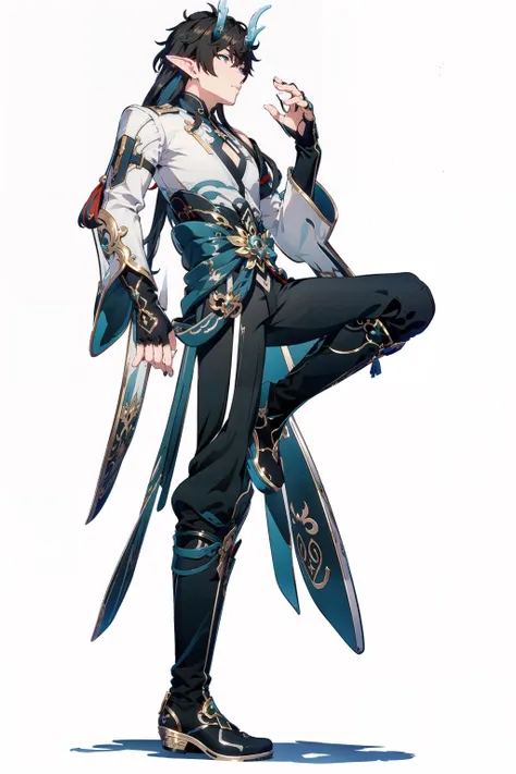 masterpiece, best quality, best light, best shadow, highly detailed,ultra detailed,YINYUE, male, solo, yinyue horns, clothes, face, looking to the side, 2d,sleeves, belt,pants,boots,from side,hands up, standing, floating hair <lora:YINYUEv3:1>