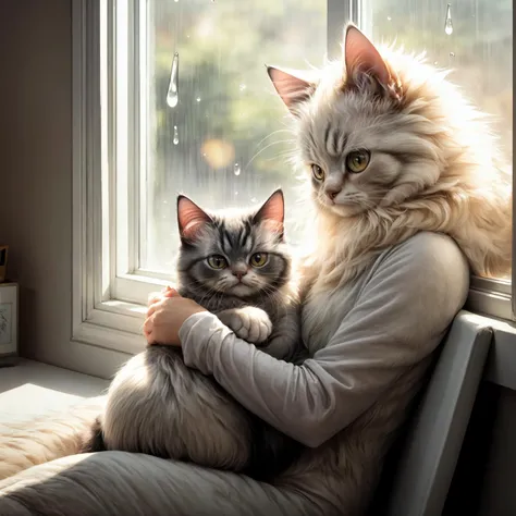 masterpiece, best quality, a cozy scene of a persian cat curled up in a window seat, watching raindrops fall outside in a serene moment, window fog,
realistic, <lora:add_detail:1>