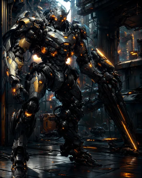((best quality)), ((masterpiece:1.4)), (extremely detailed), (8k, high quality, cinematic, hyperrealistic, illustration, absurdres, octane render, fantastic realism, vibrant color, high detail, rich textures, accurate anatomy, perfect hands, perfect feet, complete fingers, natural form, proper number of limbs, symmetrical, flawless, high-resolution, depth-filled, polished, consistent style, innovative design, perfect proportions, properly aligned features, precise, harmonious colors, soft lighting, creative, fluid movement, intricately detailed, dynamic perspective, balanced composition, 3-dimensional, natural posing, high contrast), ((((Full-body, imagine the droid at about 12 feet tall in a futuristic warzone, hyper-detailed portrayal of a Mech. Its formidable, bipedal silhouette shimmering in the harsh, unyielding solar glare, its carapace glowing with the hot radiance of sun-forged steel. Bundles of its solar-flare orange cabling, braided with crackling power conduits sculpted from solar crystals, wind down its heavily armored form, casting stark shadows in the daylight. Its ocular sensors, like dual solar lenses, mirror the relentless heat of the solar seas with their blazing, constant stare. Cloaked in dense, sunspot-black armor plates, carved with heliographic patterns and traced with golden circuits, it raises an elaborate solar disk shield, its surface rippling with a magnetic energy field, readying a formidable, sun-blocking defensive stance. Massive, sun-ray etched mech paws stamp heavily into the sun-scorched battleground. It stands on the edge of a solar flare, dominating a vast heliospheric battlefield, the blazing light of a million suns reflecting off its armor, casting a threatening aura in hues of gold and obsidian)))), (cinematic lighting, rim light, key light, fill light, backlight, ambient light, hair light, accent light, three-point lighting, volumetric light), (zoom out:1.3, depth of field, f/4 aperture, wide-angle lens, HDR, golden ratio, leading lines, framing, prime lens, color grading), <lora:add_detail:0.75>, <lora:more_details:0.35>, <lora:Niji:0.45> mecha, scifi, armor, niji, (3d model, robotic soldier, brutal armor, heavy metal design, closed helmet), <hypernet:dr0ne:1> (subdivision, cyber muscle, angular design, mechanical, carbon-fiber, high-tech, pistons, robotic frame, metal joints, rubber cables), <hypernet:LuisapSciFiHard:0.35> (scifi, hard surface, armor, metal bolts, robotic, industrial, structures, sub-d), <lora:epiNoiseoffset:0.5> (bloom, rim lighting, studio lighting, soft lighting, low key), <hypernet:sxzBloom_sxzBloom:0.25>, <lora:LowRA:0.5>, <lora:Robort:0.1> robort