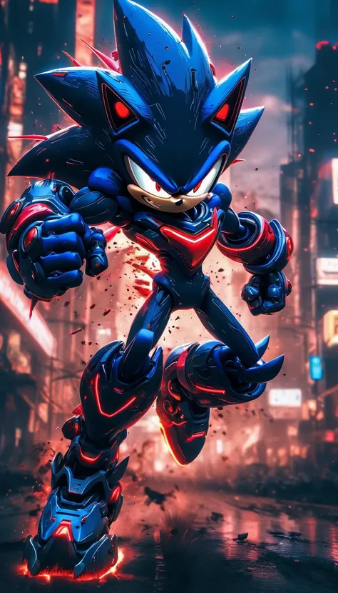 black and red metal sonic, attacking, wide shot ground level, symmetrical, glowing red eye, bokeh, cyberpunk wasteland, neon city, ultra realistic, 4K, nano suite, award winning, wallpaper, <lora:add_detail:1>, <lora:epiNoiseoffset_v2:0.6>