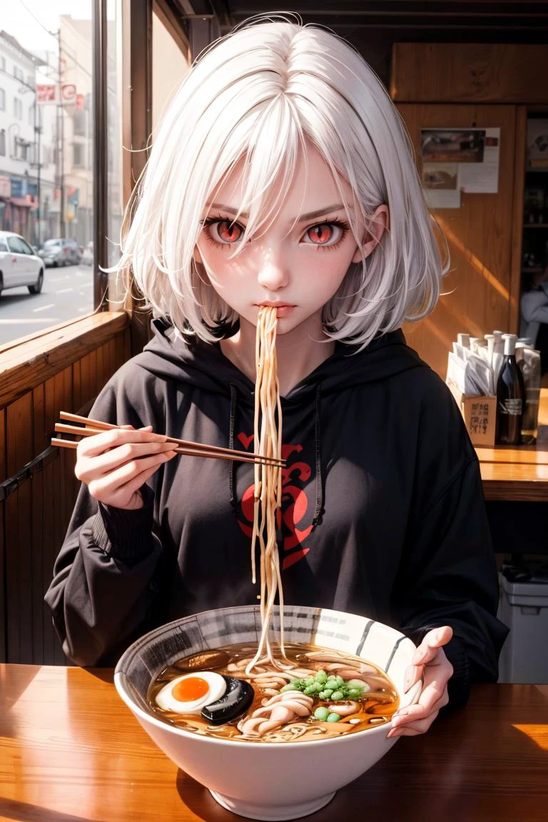 <lora:add_detail:0.5> 1girl, (medium hair:1.1), (messy hair:1.2) (white hair:1.1) (hair over eyes:1.2), <lora:sharp_eyes:0.4> (sharp eyes:1.1) (bright red eyes:1.3), (snake eyes:1.1) <lora:snake-eyes:1.0>, wear (oversized black hoodie:1.1), seated (eating ramen with chopsticks:1.1) <lora:ramen_v1.4:1>