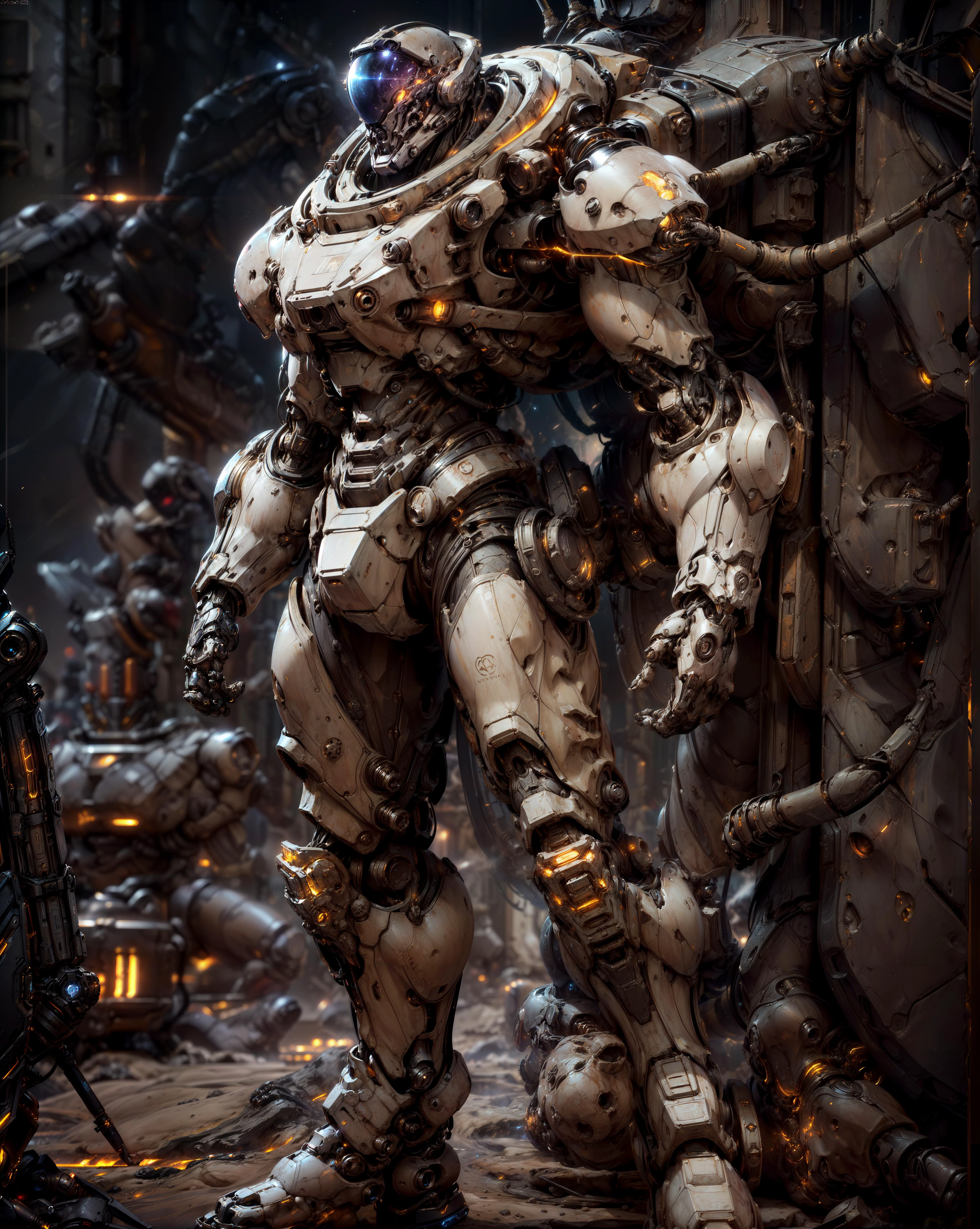 ((best quality)), ((masterpiece:1.4)), (extremely detailed), (8k, high quality, cinematic, hyperrealistic, illustration, absurdres, octane render, fantastic realism, vibrant color, high detail, rich textures, accurate anatomy, perfect hands, perfect feet, complete fingers, natural form, proper number of limbs, symmetrical, flawless, high-resolution, depth-filled, polished, consistent style, innovative design, perfect proportions, properly aligned features, precise, harmonious colors, soft lighting, creative, fluid movement, intricately detailed, dynamic perspective, balanced composition, 3-dimensional, natural posing, high contrast), ((((Full-body, hyper-detailed rendering of a Lunar War Mech. Its imposing, steel silhouette bathed in the harsh, unforgiving lunar light, its chassis gleaming with the harsh reflectivity of titanium alloy. Bundles of its moon-silver cabling, intertwined with glowing power conduits made of meteorite, snake down its armored form, flickering in the cold starlight. Its sensor arrays, like two piercing searchlights, echo the tranquility of the night sky with their haunting, unblinking gaze. Cloaked in dense, cosmic-blue armor plating, etched with constellations and interlaced with silver conduits, it raises an intricate cannon, tipped with a radiant plasma coil, charging an ominous, menacing lunar energy. Heavy, star-etched mech boots crunch heavily on the moon-cratered battlefield. It stands on the edge of a cliff overlooking a vast lunar valley, the harsh radiance of countless stars reflected off its armor, casting an intimidating aura in tones of steel and azure)))), (cinematic lighting, rim light, key light, fill light, backlight, ambient light, hair light, accent light, three-point lighting, volumetric light), (zoom out:1.3, depth of field, f/4 aperture, wide-angle lens, HDR, golden ratio, leading lines, framing, prime lens, color grading), <lora:add_detail:0.55>, <lora:more_details:0.35>, <lyco:miniatureWorldStyle:0.4> mini\(ttp\), isometric world, landscape terrain, macro-enhanced, <lora:Niji:0.45> mecha, scifi, armor, niji, <lora:mshn:0.65> (mshn robot:0.65, mshn:0.35), <hypernet:dr0ne:1> (subdivision, cyber muscle, angular design, mechanical, carbon-fiber, high-tech, pistons, robotic frame, metal joints, rubber cables), <hypernet:LuisapSciFiHard:0.25> (scifi, hard surface, armor, metal bolts, robotic, industrial, structures, sub-d)