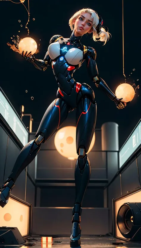 masterpiece, best quality, <lora:THEPIT:0.7> <lora:add_detail:0.3>, 1girl, humanoid robot, science fiction, closed mouth, expressionless, reflection, raytracing, 8k, bloom, closed mouth, fighting stance, mechanical eyes, from below, hand thrusters,