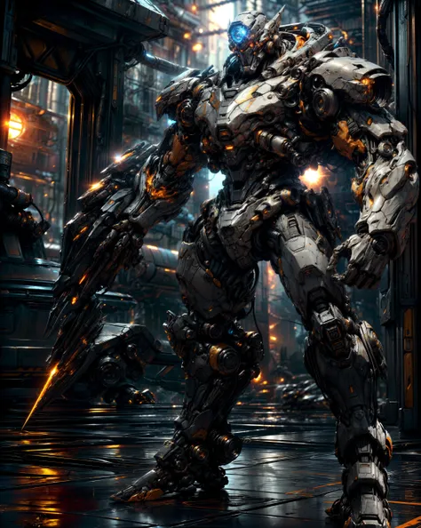 ((best quality)), ((masterpiece:1.4)), (extremely detailed), (8k, high quality, cinematic, hyperrealistic, illustration, absurdres, octane render, fantastic realism, vibrant color, high detail, rich textures, accurate anatomy, perfect hands, perfect feet, complete fingers, natural form, proper number of limbs, symmetrical, flawless, high-resolution, depth-filled, polished, consistent style, innovative design, perfect proportions, properly aligned features, precise, harmonious colors, soft lighting, creative, fluid movement, intricately detailed, dynamic perspective, balanced composition, 3-dimensional, natural posing, high contrast), ((((Full-body, imagine the droid at about 12 feet tall in a futuristic warzone, hyper-detailed portrayal of a Mech. Its formidable, bipedal silhouette shimmering in the harsh, unyielding solar glare, its carapace glowing with the hot radiance of sun-forged steel. Bundles of its solar-flare orange cabling, braided with crackling power conduits sculpted from solar crystals, wind down its heavily armored form, casting stark shadows in the daylight. Its ocular sensors, like dual solar lenses, mirror the relentless heat of the solar seas with their blazing, constant stare. Cloaked in dense, sunspot-black armor plates, carved with heliographic patterns and traced with golden circuits, it raises an elaborate solar disk shield, its surface rippling with a magnetic energy field, readying a formidable, sun-blocking defensive stance. Massive, sun-ray etched mech paws stamp heavily into the sun-scorched battleground. It stands on the edge of a solar flare, dominating a vast heliospheric battlefield, the blazing light of a million suns reflecting off its armor, casting a threatening aura in hues of gold and obsidian)))), (cinematic lighting, rim light, key light, fill light, backlight, ambient light, hair light, accent light, three-point lighting, volumetric light), (zoom out:1.3, depth of field, f/4 aperture, wide-angle lens, HDR, golden ratio, leading lines, framing, prime lens, color grading), <lora:add_detail:0.75>, <lora:more_details:0.35>, <lora:Niji:0.45> mecha, scifi, armor, niji, (3d model, robotic soldier, brutal armor, heavy metal design, closed helmet), <hypernet:dr0ne:1> (subdivision, cyber muscle, angular design, mechanical, carbon-fiber, high-tech, pistons, robotic frame, metal joints, rubber cables), <hypernet:LuisapSciFiHard:0.35> (scifi, hard surface, armor, metal bolts, robotic, industrial, structures, sub-d), <lora:epiNoiseoffset:0.5> (bloom, rim lighting, studio lighting, soft lighting, low key), <hypernet:sxzBloom_sxzBloom:0.25>, <lora:LowRA:0.5>, <lora:Robort:0.15> robort