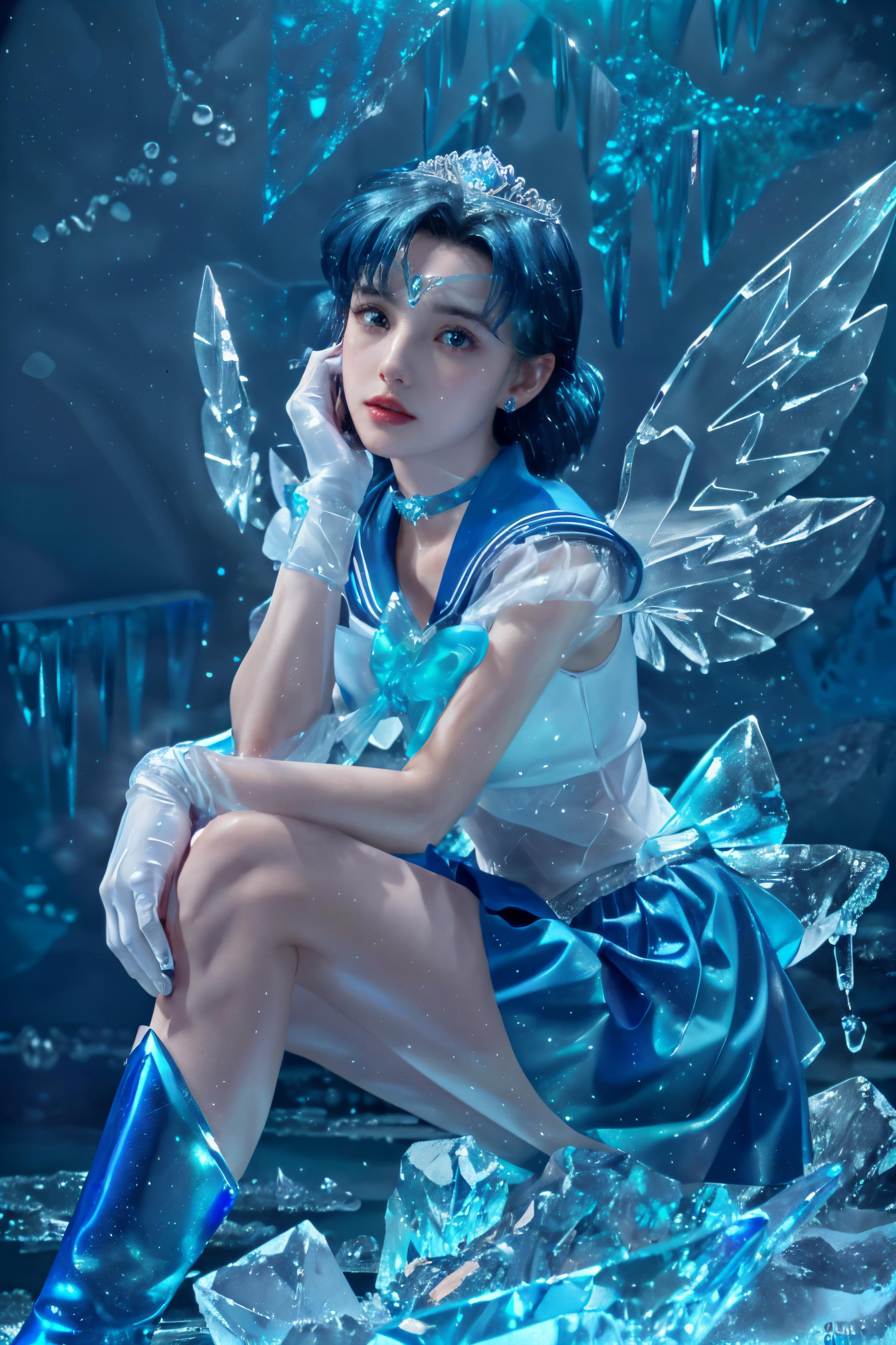 A close up of a woman in a blue dress sitting on a rock - SeaArt AI