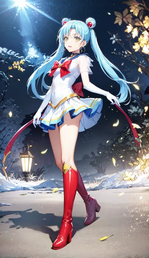 (masterpiece, best quality), ray tracing, absurdres, HDR,1girl, solo, female focus, looking at viewer, full body, medium breasts, depth of field, <lora:rimuru_tempest:0.74>, rimuru_tempest, blue hair, yellow eyes, aausagi, double bun, twintails, parted bangs, hair ornament, circlet, jewelry, earrings, choker, see-through, red bow, white gloves, elbow gloves, multicolored skirt, red footwear, knee boots, shiny legs,
<lora:oil2.0_2-512-64:0.3> <lora:sailor_moon_v1:0.6>