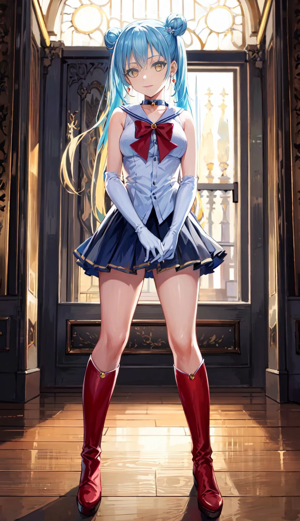 (masterpiece, best quality), ray tracing, absurdres, HDR,1girl, solo, female focus, looking at viewer, full body, medium breasts, depth of field, <lora:rimuru_tempest:0.74>, rimuru_tempest, blue hair, yellow eyes, aausagi, double bun, twintails, parted bangs, hair ornament, circlet, jewelry, earrings, choker, see-through, red bow, white gloves, elbow gloves, multicolored skirt, red footwear, knee boots, shiny legs,
<lora:oil2.0_2-512-64:0.3> <lora:sailor_moon_v1:0.4>