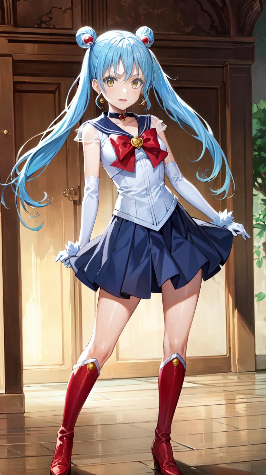 (masterpiece, best quality), ray tracing, absurdres, HDR,1girl, solo, female focus, looking at viewer, full body, medium breasts, depth of field, <lora:rimuru_tempest:0.74>, rimuru_tempest, blue hair, yellow eyes, aausagi, double bun, twintails, parted bangs, hair ornament, circlet, jewelry, earrings, choker, see-through, red bow, white gloves, elbow gloves, multicolored skirt, red footwear, knee boots, shiny legs,
<lora:oil2.0_2-512-64:0.3> <lora:sailor_moon_v1:0.6>