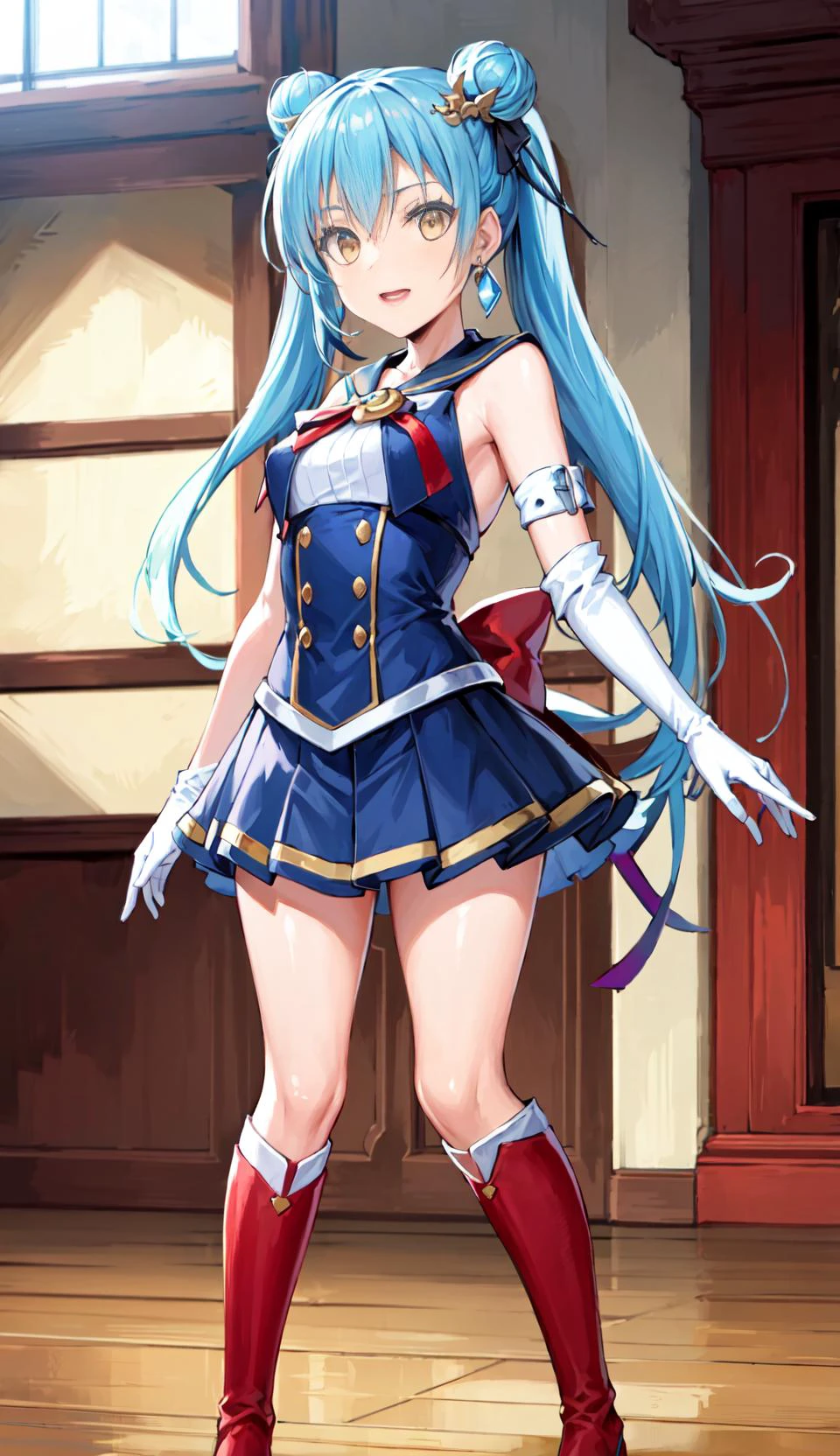 (masterpiece, best quality), ray tracing, absurdres, HDR,1girl, solo, female focus, looking at viewer, full body, medium breasts, depth of field, <lora:rimuru_tempest:0.74>, rimuru_tempest, blue hair, yellow eyes, aausagi, double bun, twintails, parted bangs, hair ornament, circlet, jewelry, earrings, choker, see-through, red bow, white gloves, elbow gloves, multicolored skirt, red footwear, knee boots, shiny legs,
<lora:oil2.0_2-512-64:0.3> <lora:sailor_moon_v1:0.4>