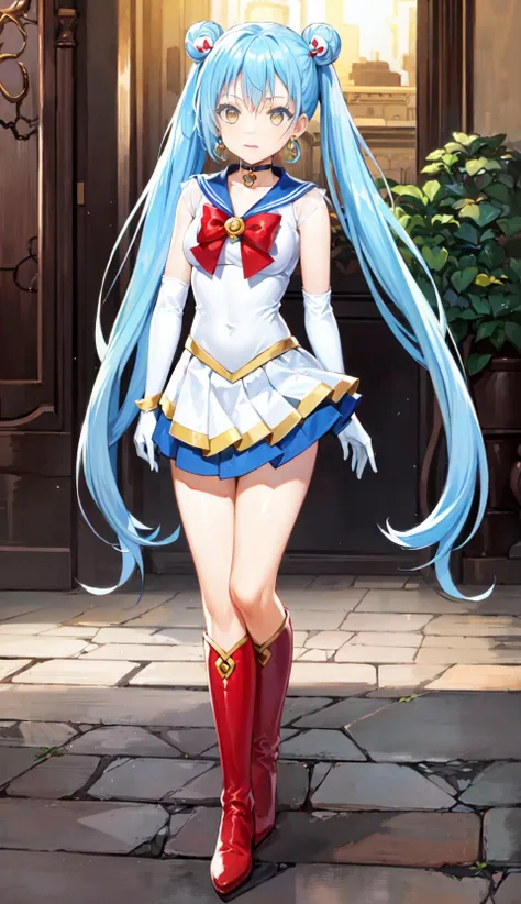 (masterpiece, best quality), ray tracing, absurdres, HDR,1girl, solo, female focus, looking at viewer, full body, medium breasts, depth of field, <lora:rimuru_tempest:0.74>, rimuru_tempest, blue hair, yellow eyes, aausagi, double bun, twintails, parted bangs, hair ornament, circlet, jewelry, earrings, choker, see-through, red bow, white gloves, elbow gloves, multicolored skirt, red footwear, knee boots, shiny legs, 
<lora:oil2.0_2-512-64:0.3> <lora:sailor_moon_v1:0.6>