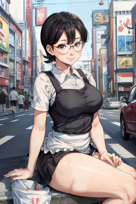 <lora:add_detail:0.8> , masterpiece, 1girl, solo,  large breast, walking, looking at viewer, pov, front view, smile, black hair, spread legs,
 <lora:doraemon_tamako-10:0.7>nobi tamako, glasses, maid, akihabara, sitting,  city,