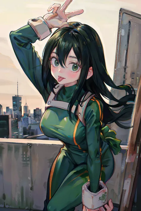 masterpiece,best quality,highres, ultra-detailed, solo, 1girl,  <masterpiece, best quality,solo,  looking at viewer, front view,   
Asui tsuyu,long tongue,  <lora:add_detail:0.3>  city,<lora:Fkey[Hosioka]:1>,  <lora:AsuiTsuyu-01:1>