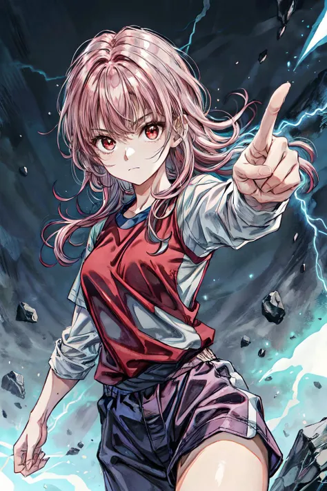 masterpiece,best quality,highres, ultra-detailed, solo, 1girl, <masterpiece, best quality,solo, pink hair, red eyes, 1girl, raid, long hair, looking at viewer, closed mouth, fighting stance, bangs,<lora:genkai:0.8> blue aura, blue lightning, <lora:add_detail:1.5> luin, gym uniform, running,
pointing right index finger, blue lightNING from right hand,