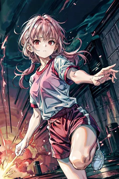 masterpiece,best quality,highres, ultra-detailed, solo, 1girl, <masterpiece, best quality,solo, pink hair, red eyes, 1girl, raid, long hair, looking at viewer, closed mouth, fighting stance, bangs,<lora:genkai:0.8> blue aura, blue lightning, <lora:add_detail:1.5> luin, gym uniform, running,