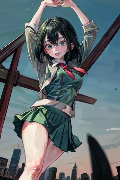 masterpiece,best quality,highres, ultra-detailed, solo, 1girl,  <masterpiece, best quality,solo,  looking at viewer, front view,
Asui tsuyu, from below,long tongue, (grey blazer), white collard shirt, red tie, (dark green skirt), (school campus),
fighting stance, open legs,<lora:add_detail:1>  city,<lora:Fkey[Hosioka]:1>,  <lora:AsuiTsuyu-01:1>