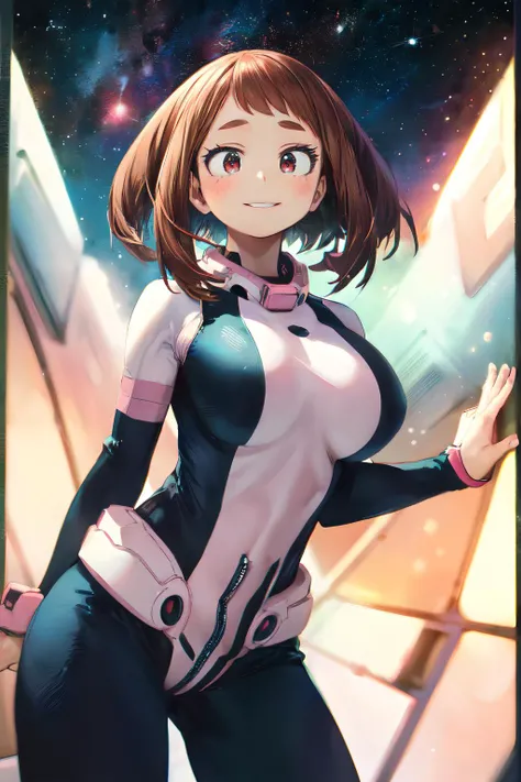 ((masterpiece, best quality;1.3)), ultra detailed, detailed background, 1girl, solo, smile,   <lora:OchacoUraraka-01:1>, bodysuit,ochaco uraraka, looking at viewer, large breast,pink suits,
school background, zero gravity,realistic, <lora:style_horikoshi_kouhei-20:0.6> galaxy, space, flying <lora:add_detail:0.5>