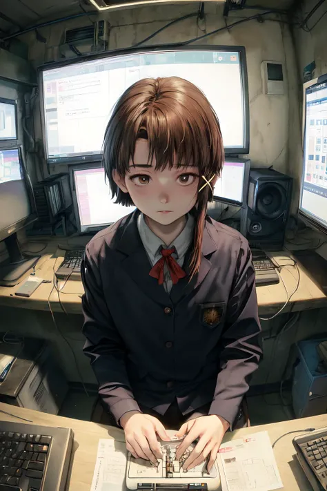 ((masterpiece, best quality;1.3)), ultra detailed, 1girl, solo,Lain Iwakura (Serial Experiments Lain),school uniform, looking at viewer,cute girl, lying, cyber punk, lots of computers, <lora:LainIwakuraSerialExperimentsLain0:1>
lots of large CRT monitors, hacker's room, lots of power cordS,lots of power keyboards, FROM above, <lora:add_detail:1>, white board,multi monitors,
