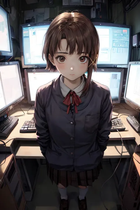 ((masterpiece, best quality;1.3)), ultra detailed, 1girl, solo,Lain Iwakura (Serial Experiments Lain),school uniform, looking at viewer,cute girl, lying, cyber punk, lots of computers, <lora:LainIwakuraSerialExperimentsLain0:1>
lots of large CRT monitors, hacker's room, lots of power cordS,lots of power keyboards, FROM above, <lora:add_detail:1>, white board,