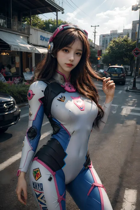 (best quality, masterpiece:1.2, photo realistic:1.4), raw photo, ultra high res, portrait, professional photograph, 8k wallpaper, HDR, perfect artwork, photon mapping, realistic shadow, detailed skin texture, film grain, depth of field, natural shading, (intricate details:1.2), 85mm, f/1.4, ISO 200, 1/160s:0.75, lens flare, sharp picture,
1girl, korean, teenage, smaile, whisker markings, <lora:A_Dva_Cosplay:0.8>, xdva, d.va (overwatch), pilot suit, bodysuit, skin tight, pink headset,aimingAtViewer, holding gun, pink gun, (cowboy shot:1.2), aimingAtViewer, robot
highly detailed background, public, extremely tall ceiling, <lora:add_detail:1> <lora:koreanDollLikeness_v15:0.3> <lora:nwsjmajic-05:0.1> <lora:aimingAtViewer_v1:1>