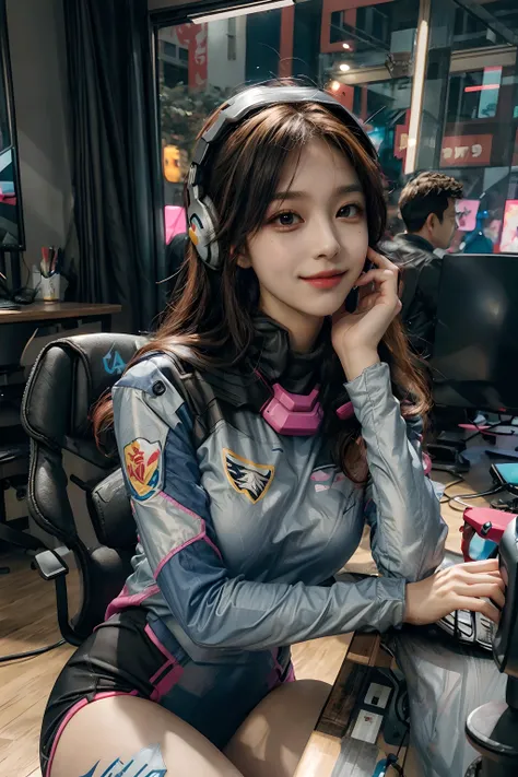 (best quality, masterpiece:1.2, photo realistic:1.4), raw photo, ultra high res, portrait, professional photograph, 8k wallpaper, HDR, perfect artwork, photon mapping, realistic shadow, detailed skin texture, film grain, depth of field, natural shading, (intricate details:1.2), 85mm, f/1.4, ISO 200, 1/160s:0.75, lens flare, sharp picture,
1girl, korean, teenage, smile, pink markings on face, <lora:A_Dva_Cosplay:0.8>, xdva, d.va (overwatch), pilot suit, bodysuit, skin tight, pink headset, holding phone, sefl camera, flash,
gaming arena, gaming competition, gaming chair, Championship, gaming mouse, highly detailed background, public, spectators, <lora:add_detail:1> <lora:koreanDollLikeness_v15:0.3> <lora:nwsjmajic-05:0.1>